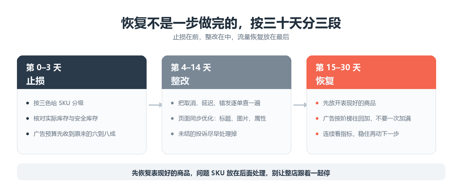 30天恢复节奏：0-3天止损、4-14天整改、15-30天恢复