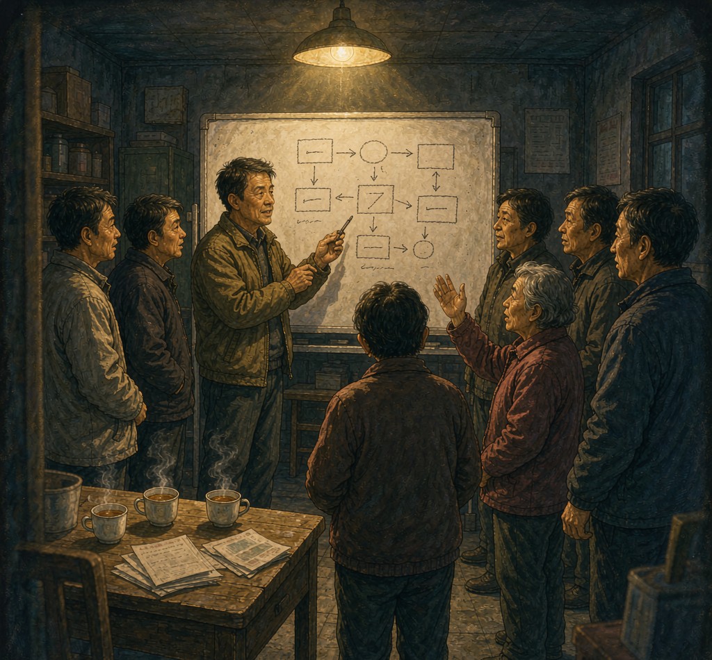 朴素的社区活动室里，一位社长站在白板前给邻居们讲解，一位老太太举手提问