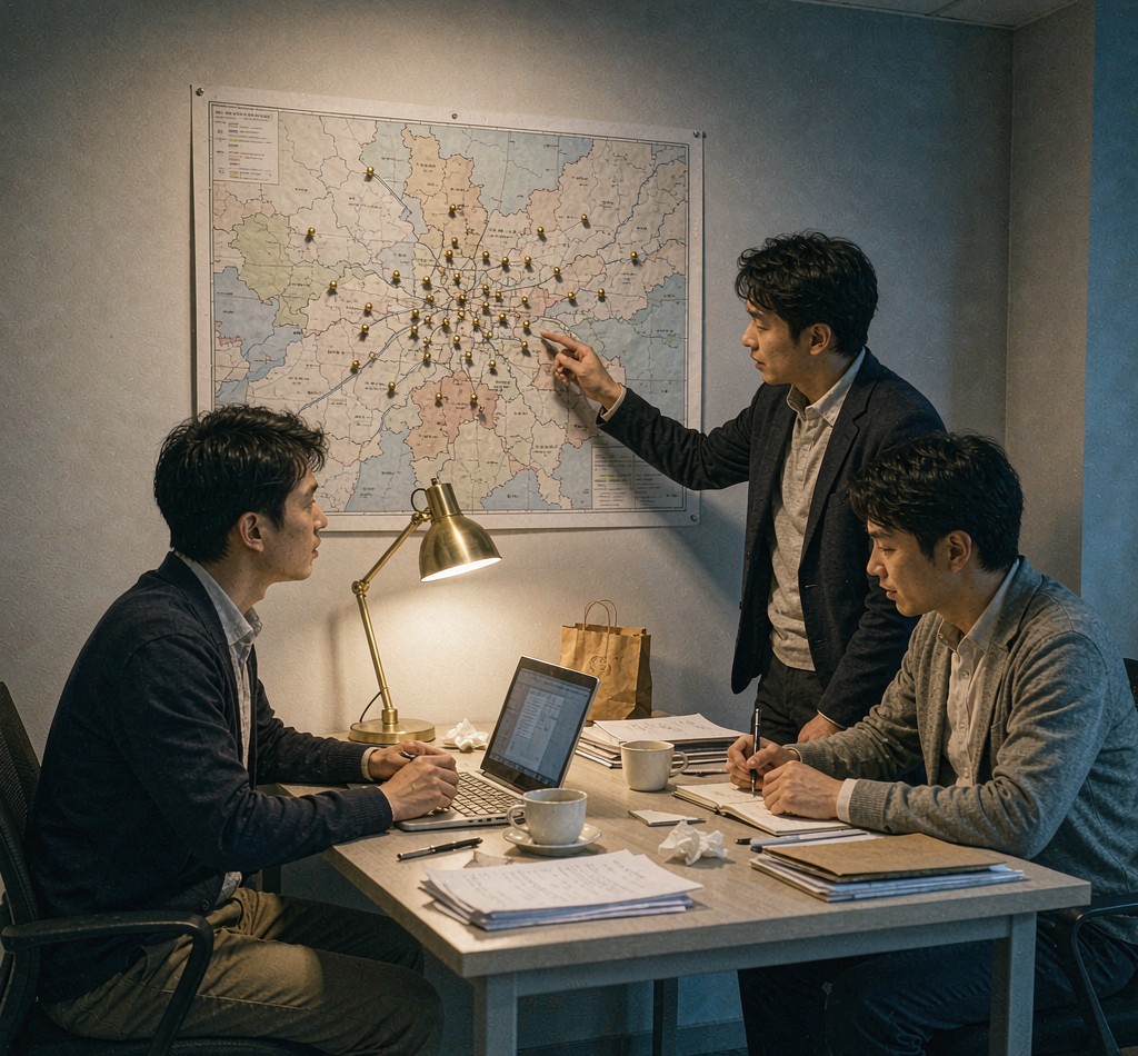 区域运营中心办公室里，三位职员围着贴满图钉的城市地图协同工作