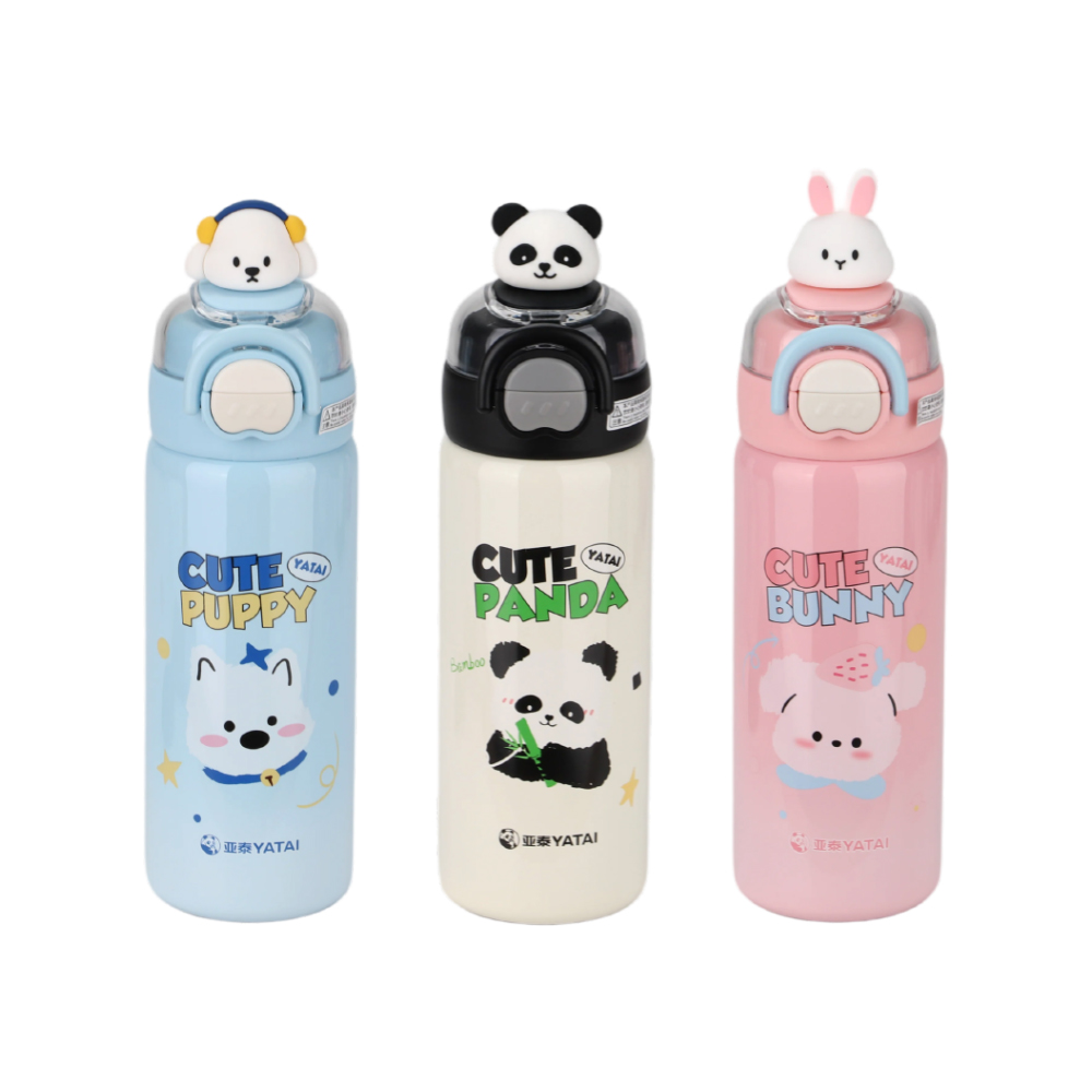 Y-7033 kids vacuum bottle trio with bunny, puppy and panda 3D toppers Y-7033 kids vacuum bottle trio with bunny, puppy and panda 3D toppers
