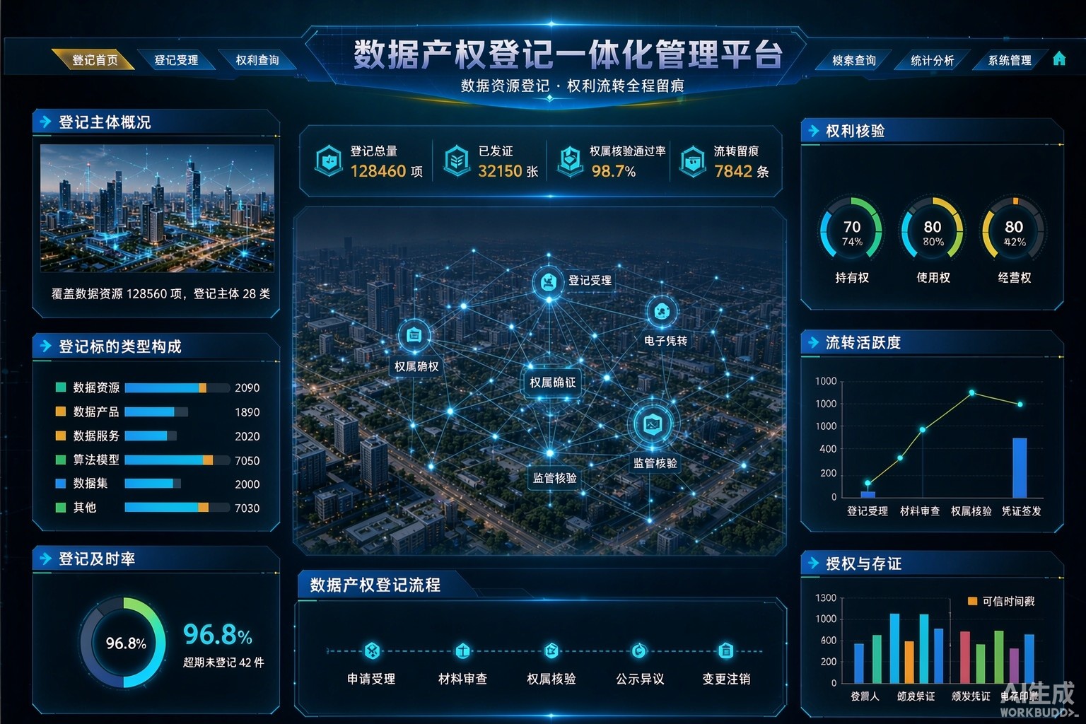 图 1 数据产权登记一体化管理平台监管驾驶舱——登记总量、权利类型分布、流转活跃度与风险提示一屏可见（示意图，AI 生成）