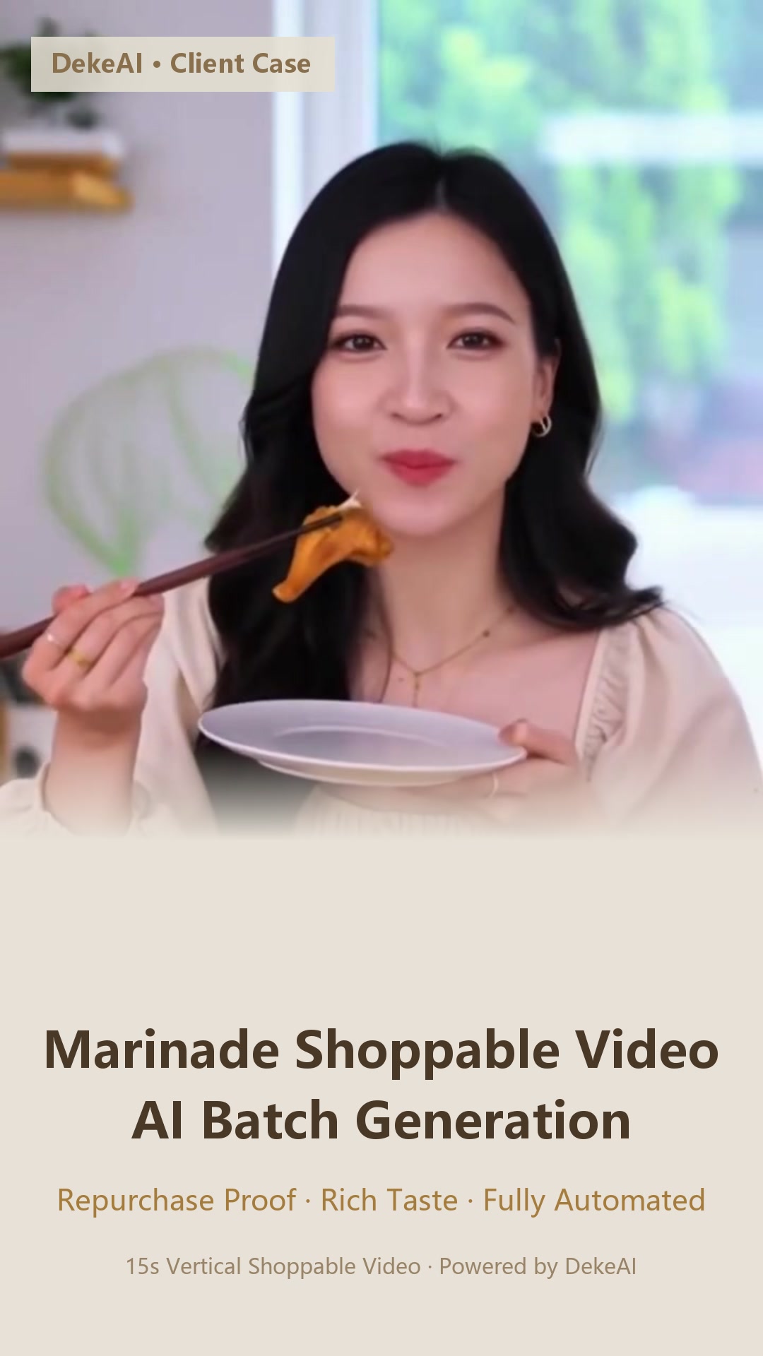 Full-frame shot of the influencer tasting marinated wings + cream-colored gradient text area at the bottom (gradient enhanced to fully cover the video's built-in subtitles), with main heading / subheading below consistent with the horizontal version.