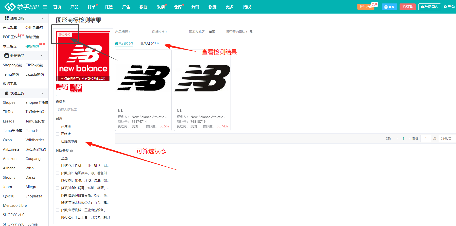 图形商标检测结果：按状态和分类筛选
