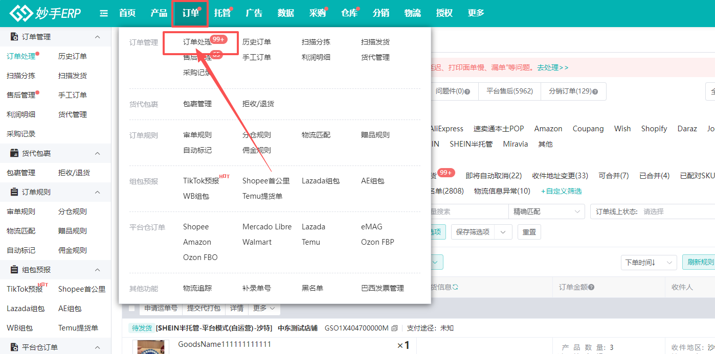 订单处理列表可按平台和店铺类型筛选