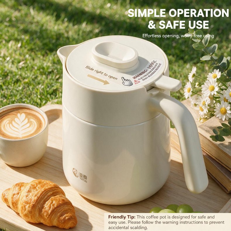 Slide-right-to-open safety lid with scald warning on the Y-9057 coffee pot