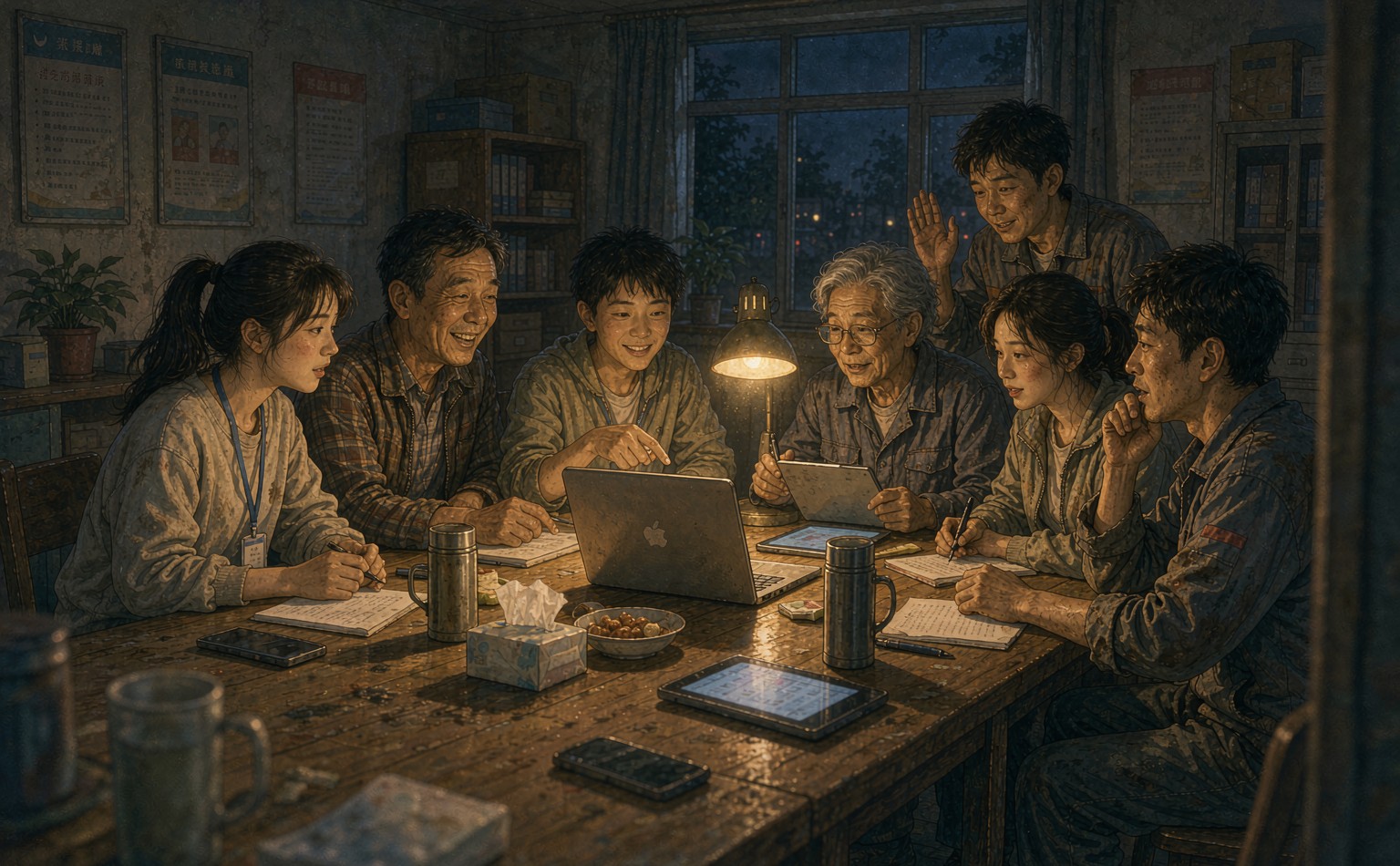 傍晚的社区活动室里，不同年龄的学员围坐在长桌旁，一起看一块屏幕学习 AI