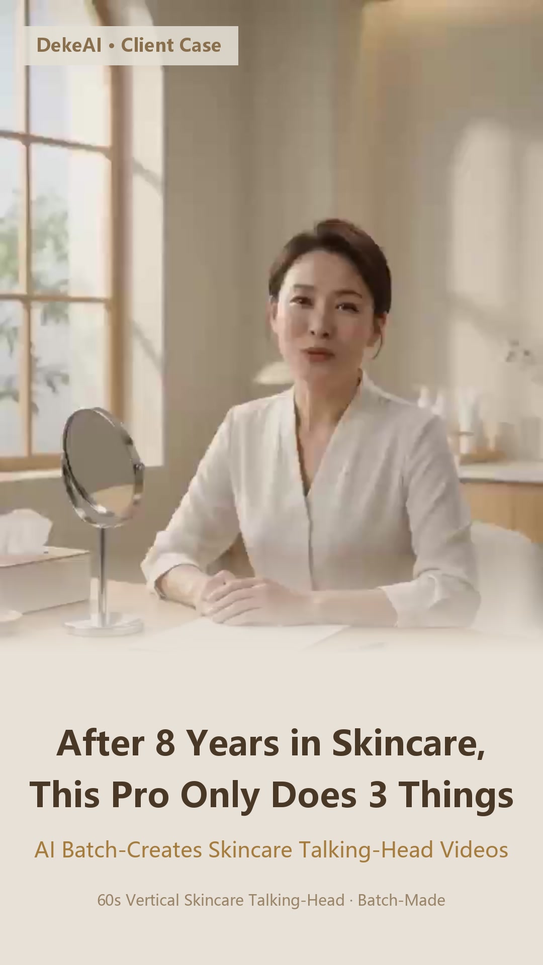 Skincare tips oral broadcast video cover: a female skin care specialist sitting at a wooden table by a vanity mirror, with the caption "A skin care specialist with 8 years of experience does only three things for skincare."