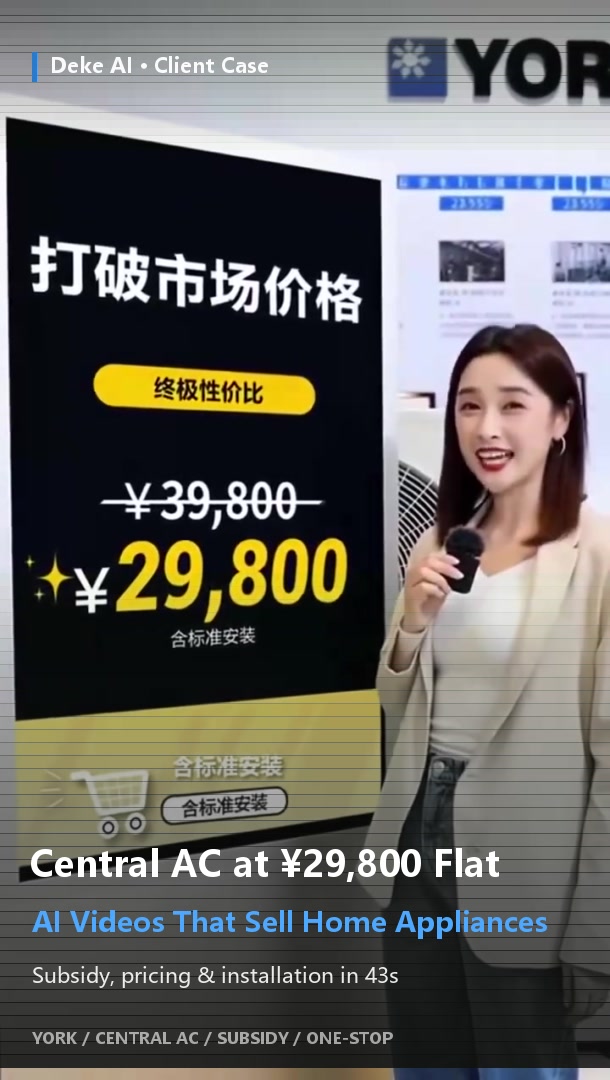 Vertical cover for a central air conditioning sales short video: a female host doing an oral broadcast next to a York price sign, with the caption "Central air conditioning 29,800 flat price, AI oral broadcast runs through home appliance sales."