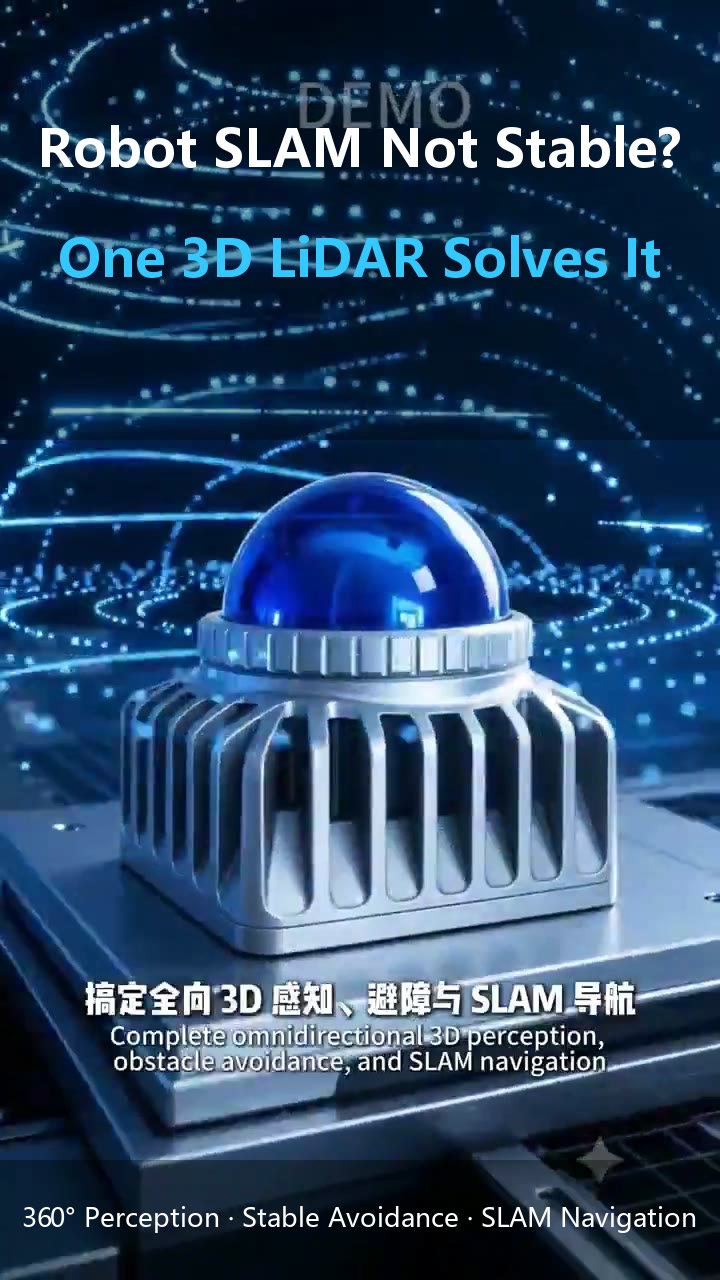 3D LiDAR product video cover: a cylindrical LiDAR body surrounded by blue particle light effects against a dark background, with the caption "Robot SLAM positioning inaccurate?"