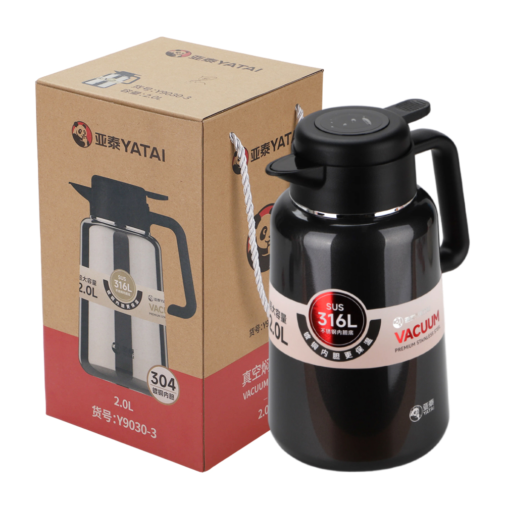 Kraft gift carton with rope handle and the black Y-9030-3 Y-9030-3 vacuum carafe in black beside its kraft gift carton with rope handle