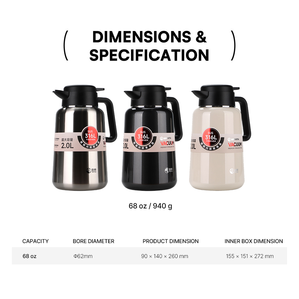 Y-9030-3 dimensions and specification chart Y-9030-3 dimensions and specification chart: 68 oz, 62 mm bore, 90 x 140 x 260 mm