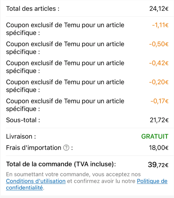 买家端结账页：商品小计 21.72 欧，进口费用一栏 18 欧，订单总额 39.72 欧