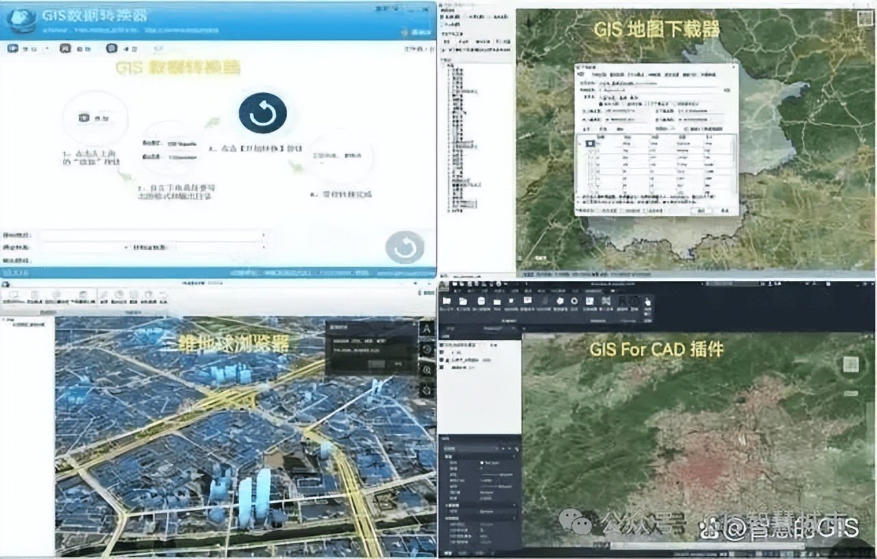 图 2 GeoSaaS 相关工具：GIS 数据转换器、GIS 地图下载器、三维地球浏览器与 GIS for CAD 插件（示意图）