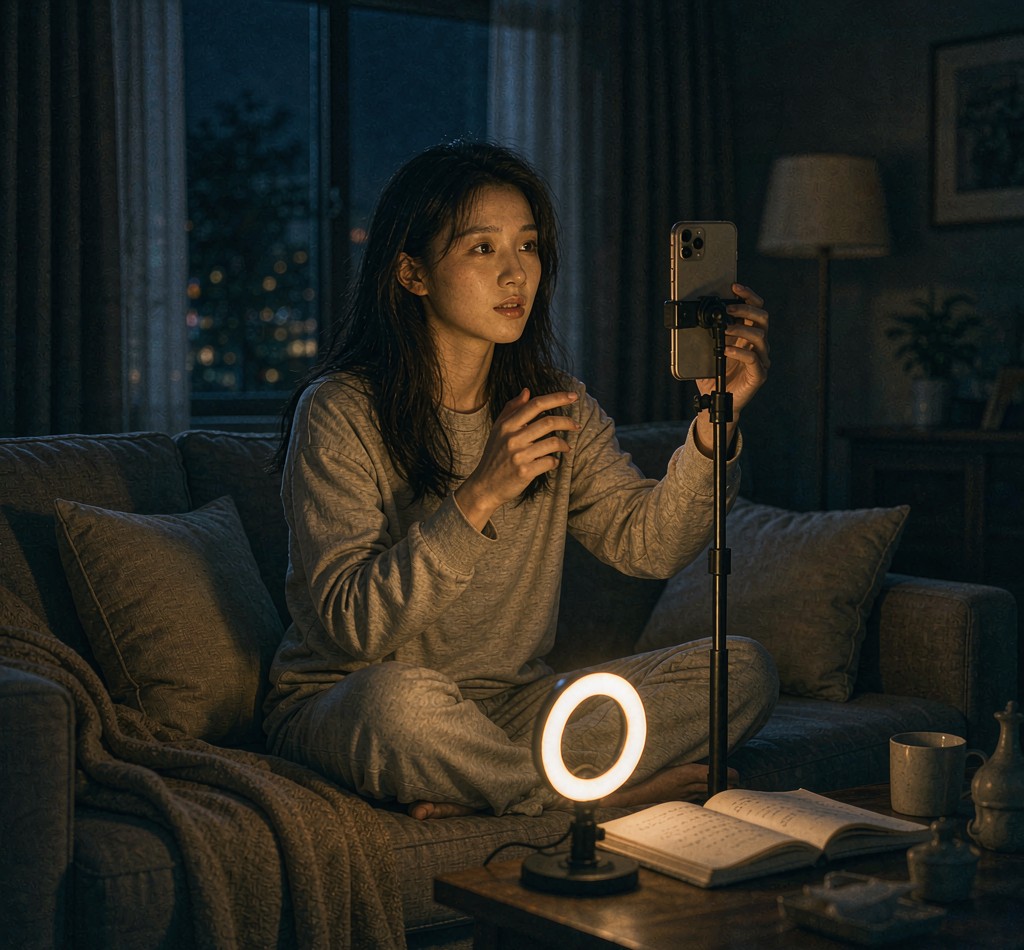 夜晚的客厅里，一位年轻女性对着手机支架录短视频，面前亮着环形补光灯