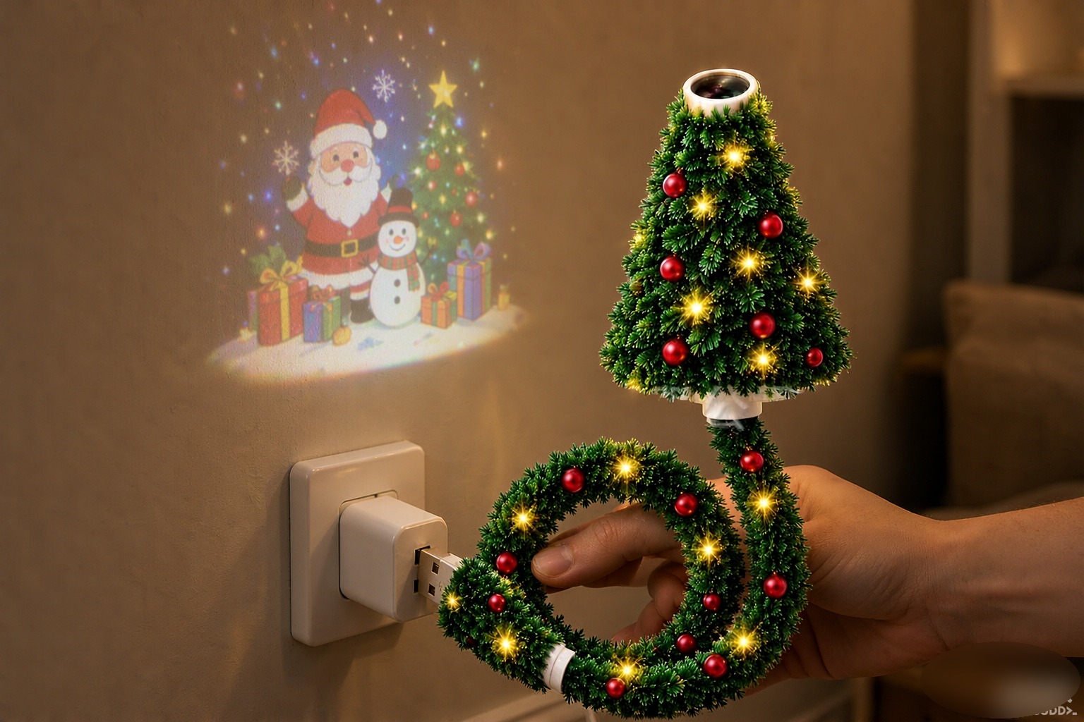 USB powered Christmas tree projection lamp on a shelf
