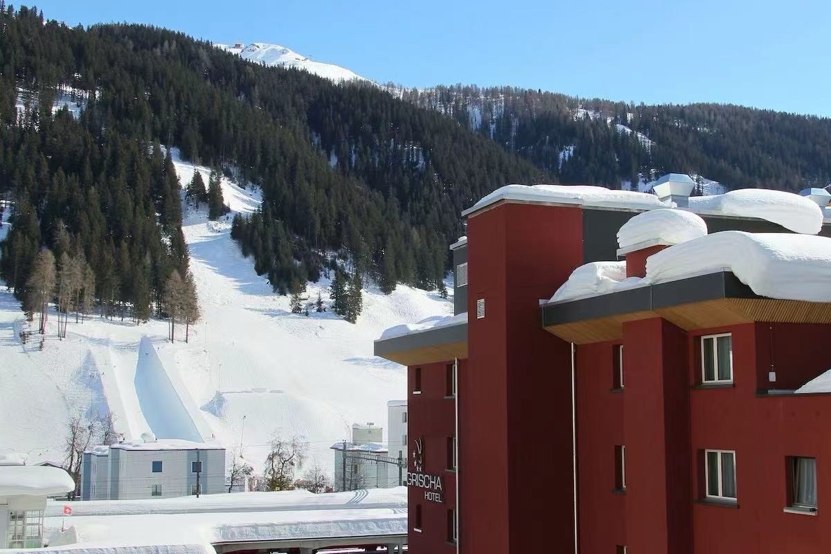 Hotel exterior in Davos under winter snow