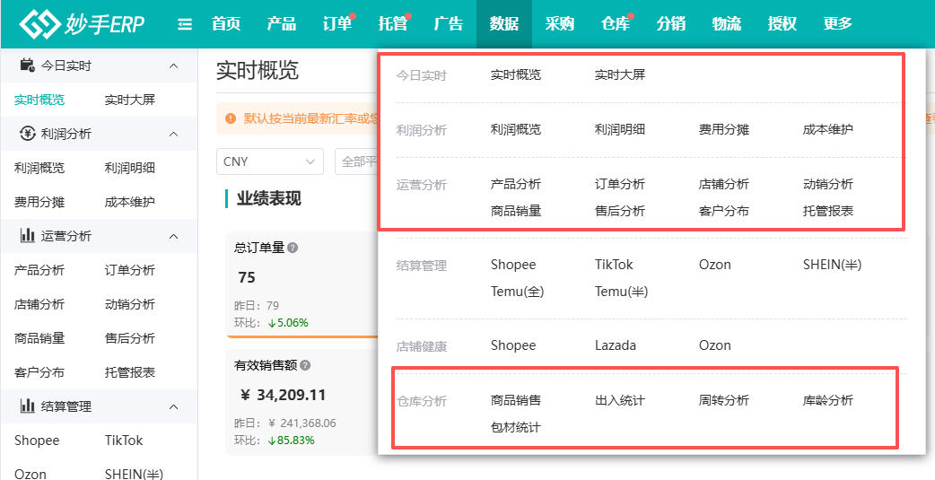妙手ERP数据模块：实时概览、利润分析、运营分析与仓库分析