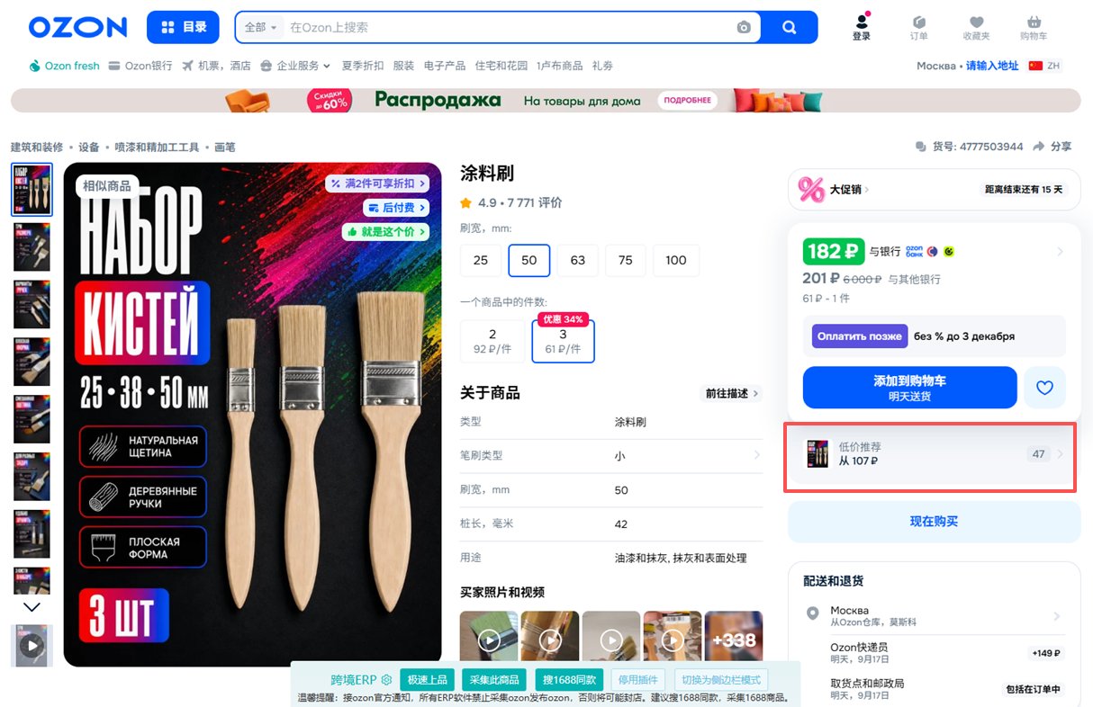 查看大图 Ozon同一商品卡下聚集数十个跟卖卖家