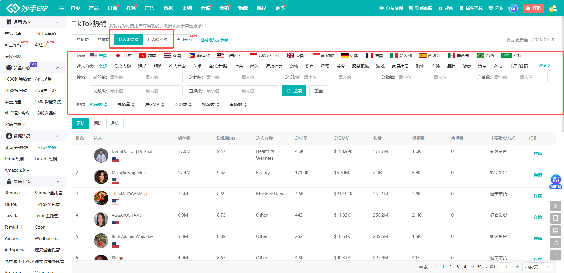 查看大图 妙手ERP 的达人带货榜:按粉丝数、GMV、达人分类等维度筛选合作对象