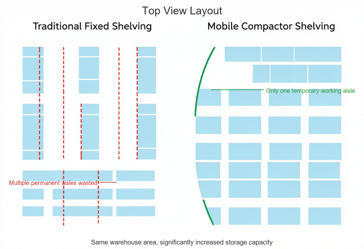 Top view layout comparison: Traditional fixed shelving vs mobile compactor shelving