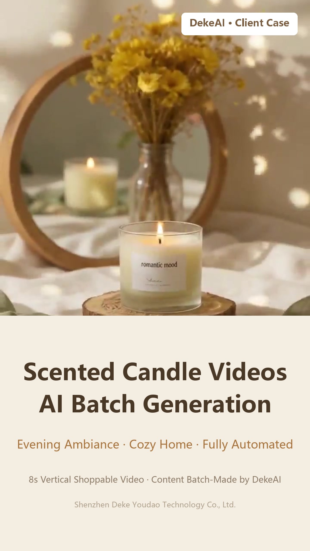 Aromatherapy candle sales video cover: a lit glass jar aromatherapy candle on a wooden round coaster, with the caption "DKS helps aromatherapy merchants mass-produce ambiance-driven sales videos."