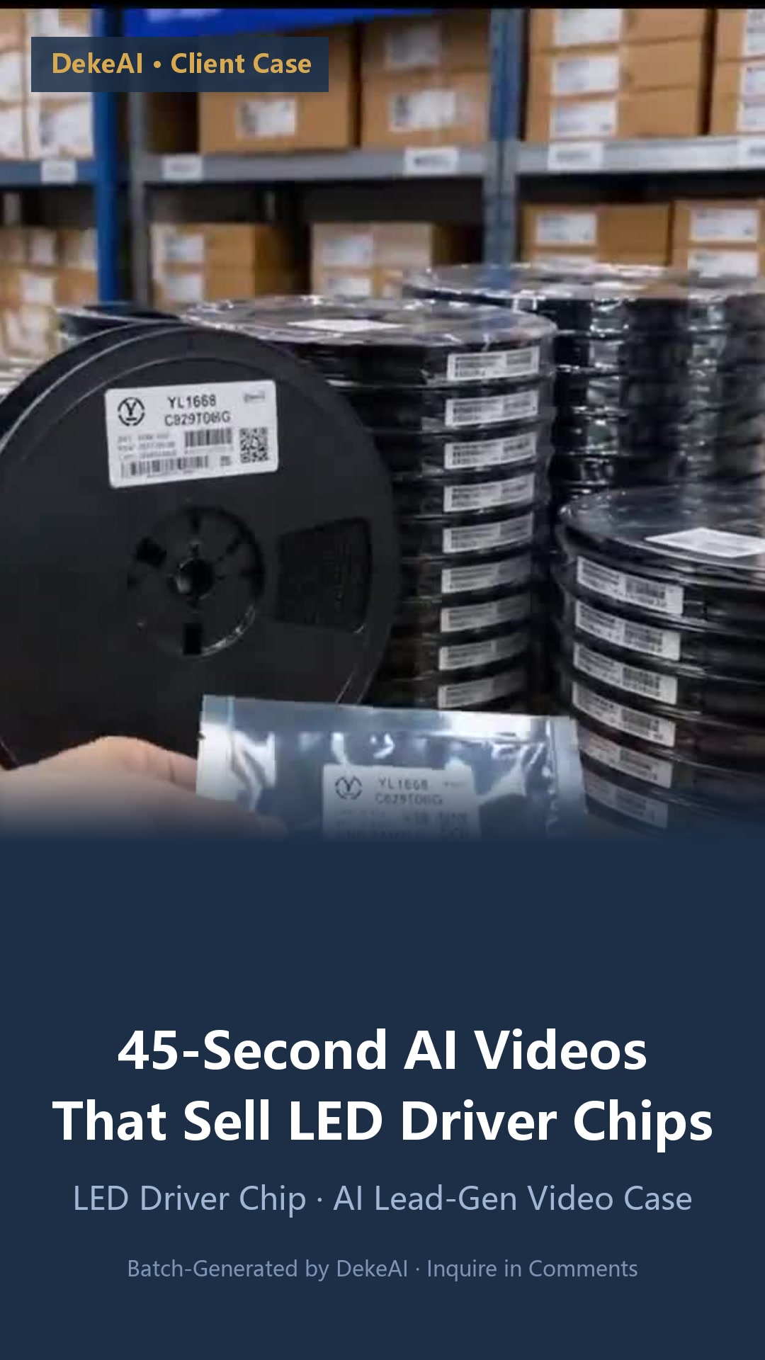 Following the industrial product case's "corner label + main heading + subheading + footer" deep navy layout, using warehouse carrier tape reels + YL1668 sample bag visuals, with a deep blue gradient title area at the bottom.
