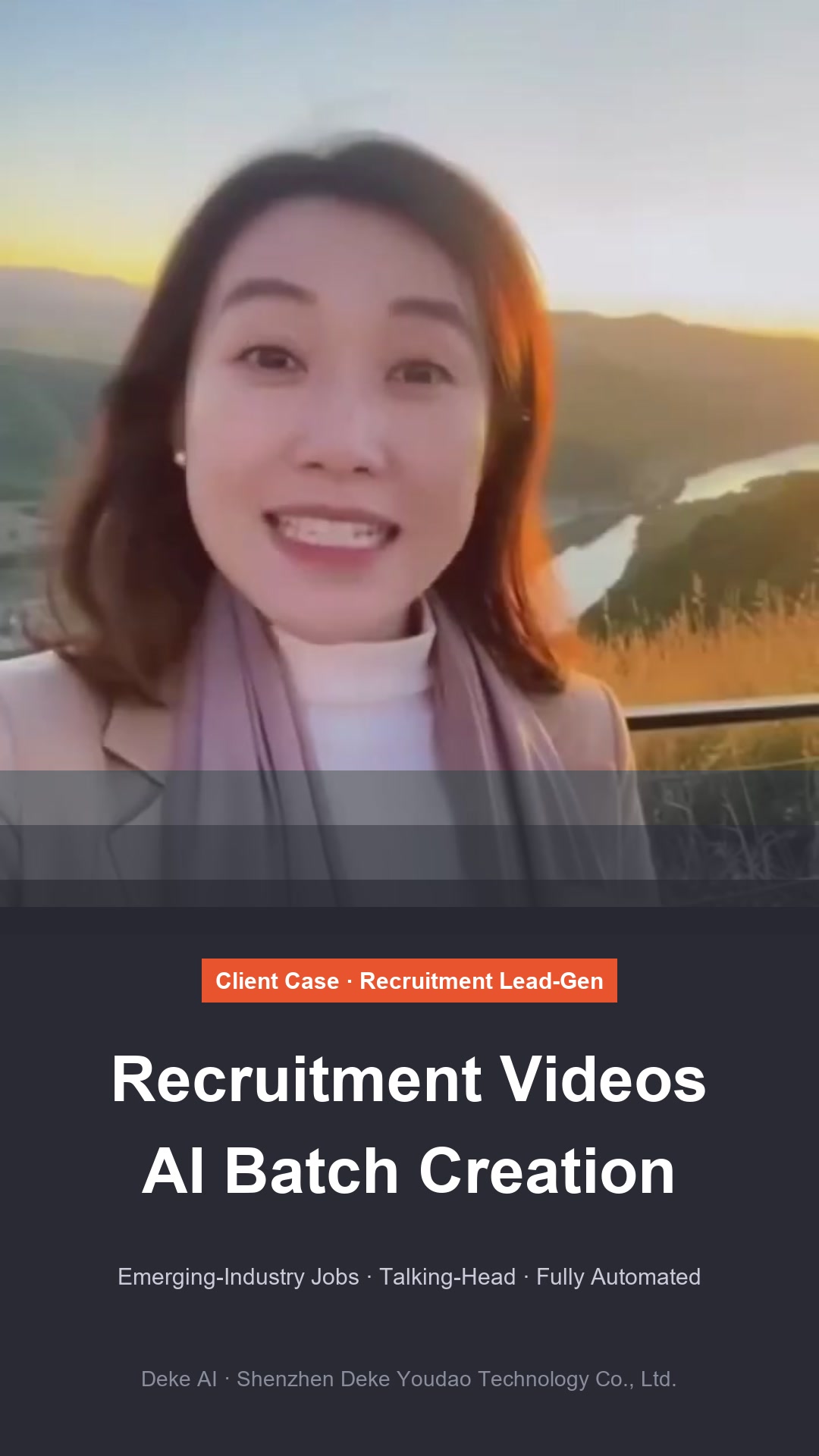 Smiling oral broadcast live footage + lower dark gradient text area — main heading "Recruitment Lead-Generation Videos Mass-Produced by AI," subheading "Future-Industry Positions · Real-Person Oral Broadcast · Fully Automated Production."