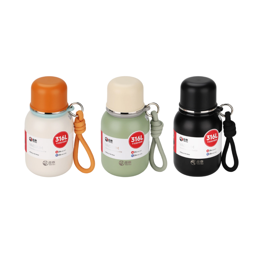 Y-7039-5 mini jar bottle, three colourways Three colourways of the Y-7039-5 mini jar bottle lined up