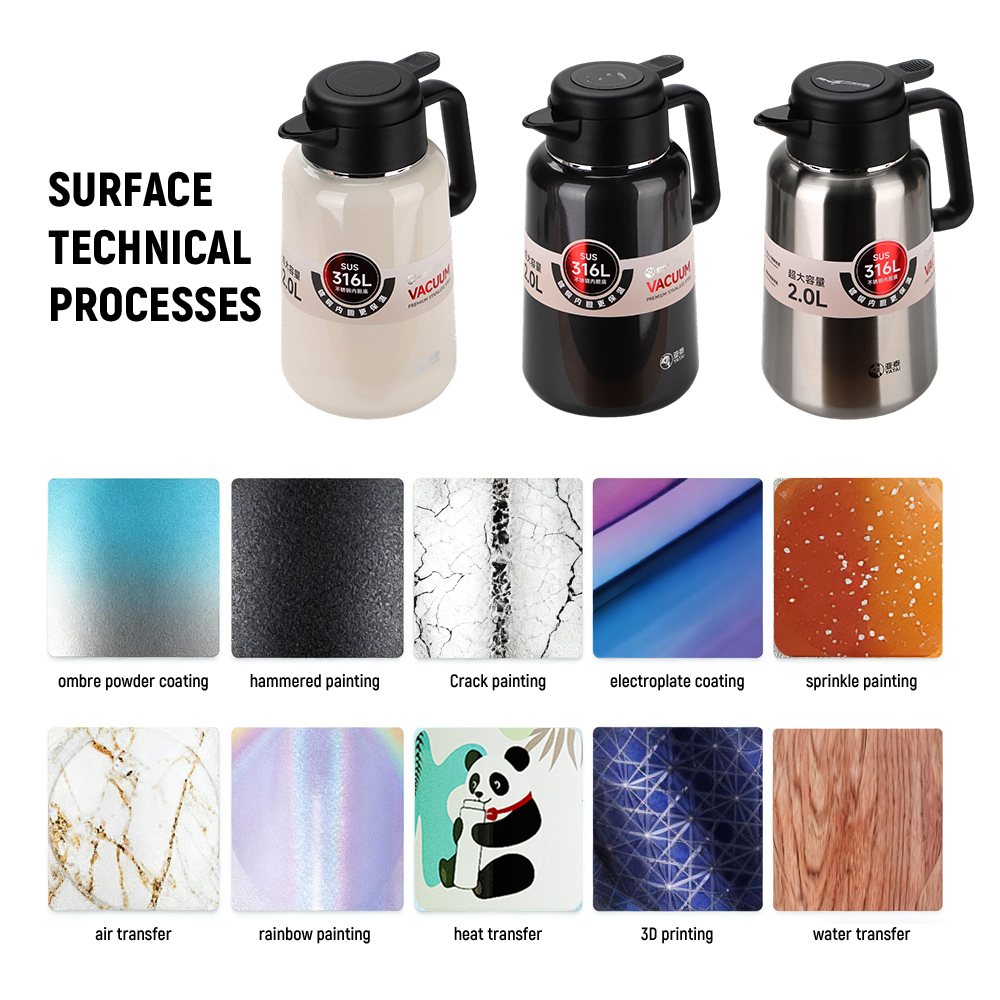 Ten surface processes available on the same carafe body Ten surface technical processes available for the Y-9030-3 carafe including ombre, hammered and rainbow finishes
