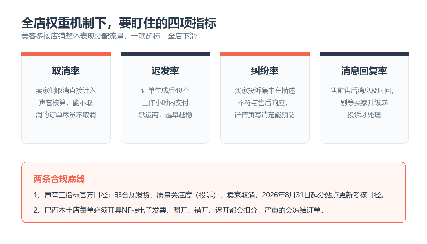 美客多本土店四项核心指标：取消率、迟发率、纠纷率、消息回复率，以及巴西NF-e开票底线