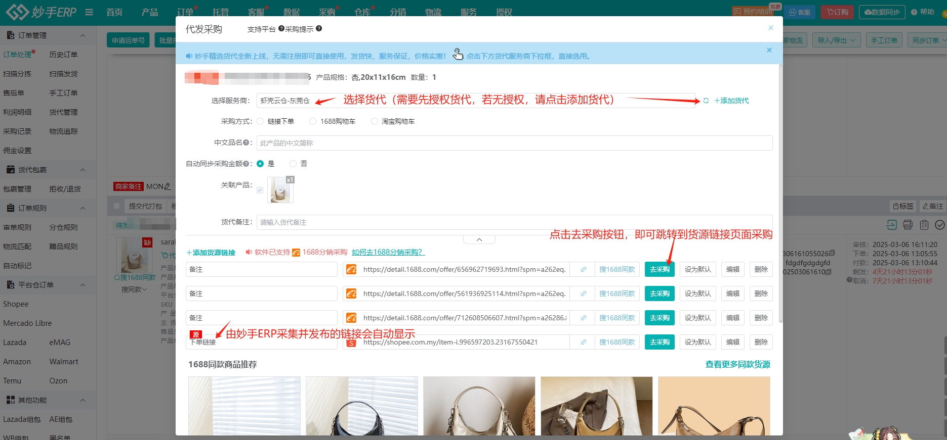 代发采购面板：选择服务商与货源链接