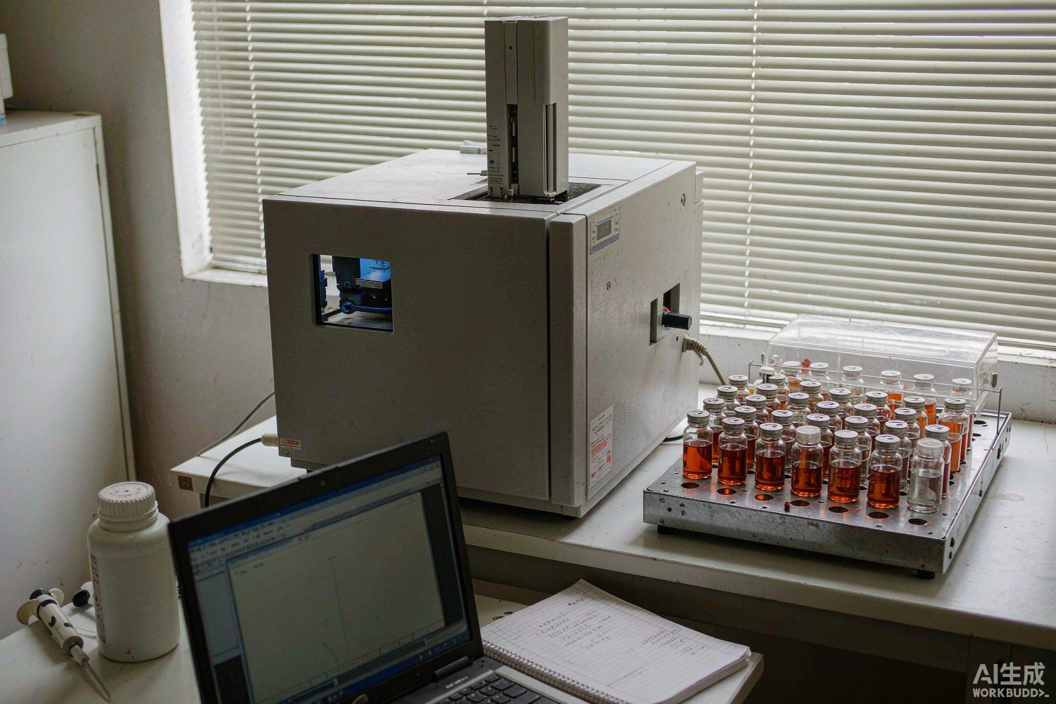 Analytical laboratory bench with HPLC instrument