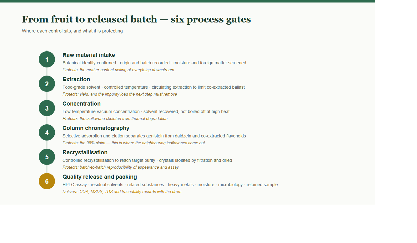 Six process gates from raw material to release